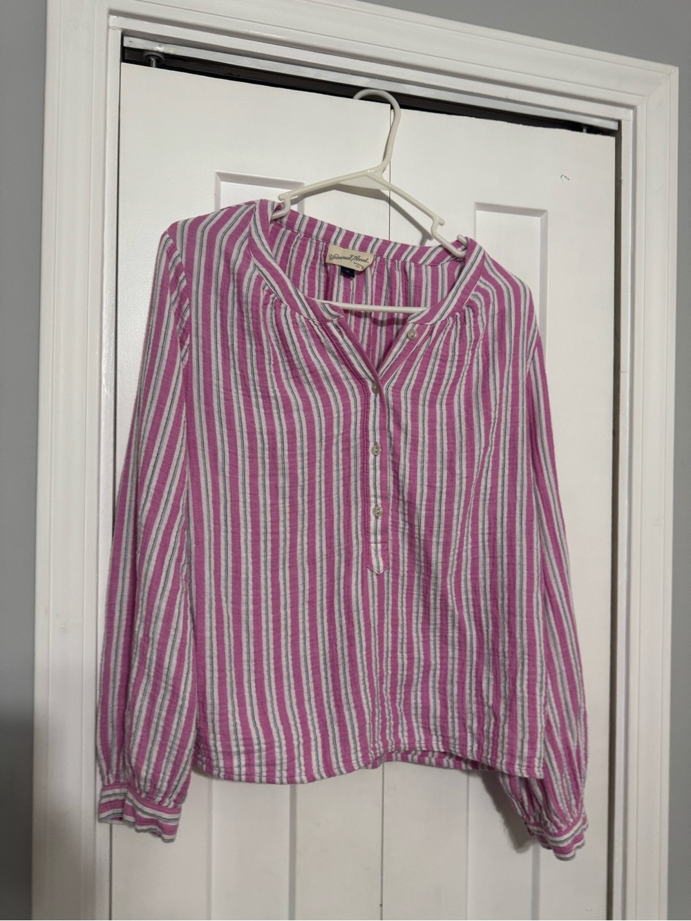 Universal Thread Pink & White Striped Long-Sleeve Henley Blouse